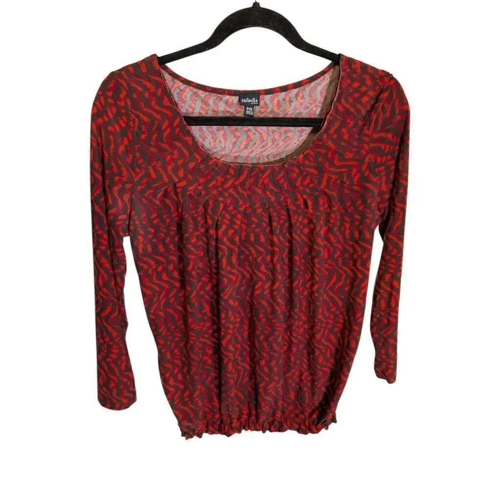 Rafaella Red Scoop Neck Red/Black Patterned Blouse Women's Small Petite